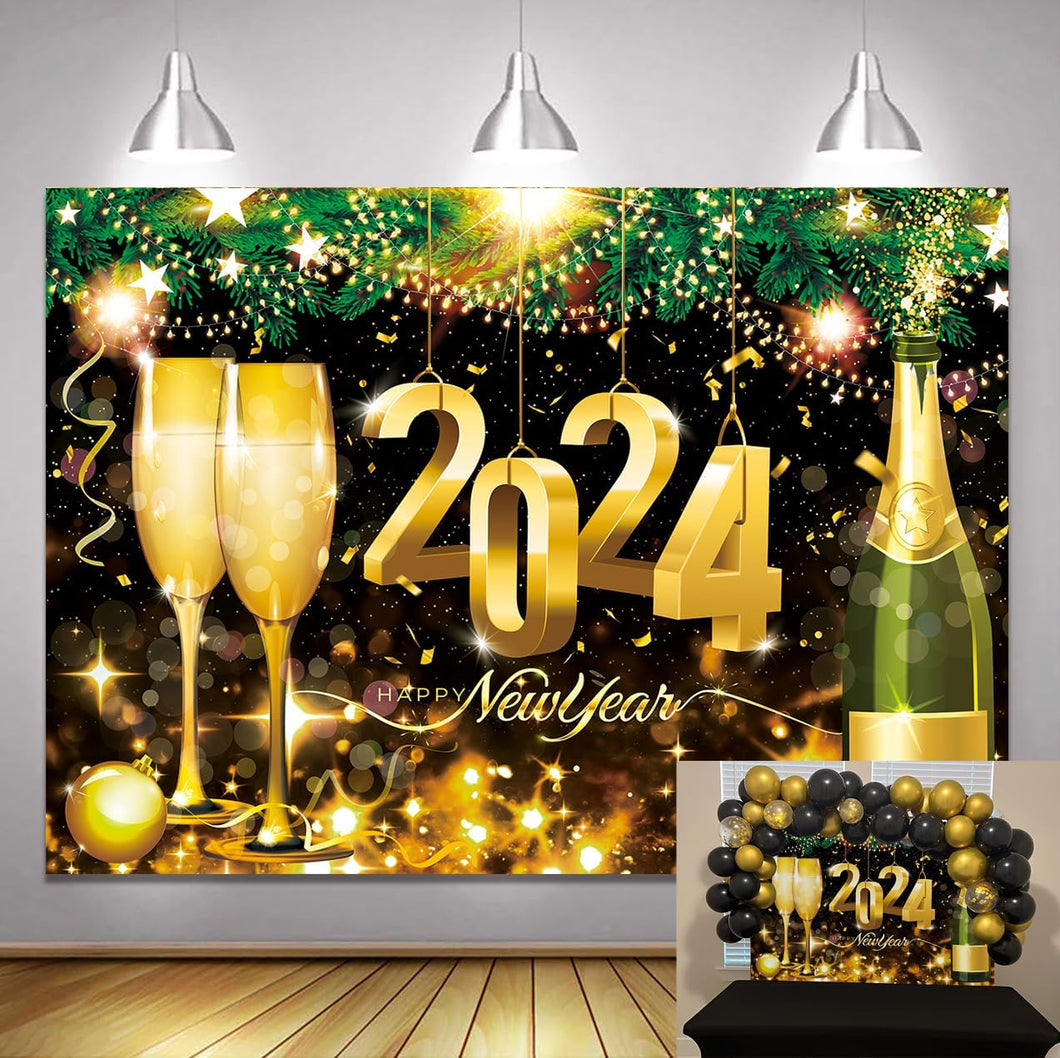 2024 Happy New Year Photo Backdrop 8x6ft New Year Champagne Party Decoration New Year's Eve Photo Backdrop New Year Banner New Year's Eve Party Supplies