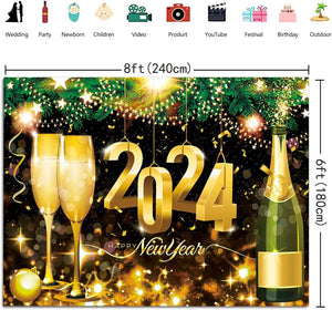 2024 Happy New Year Photo Backdrop 8x6ft New Year Champagne Party Decoration New Year's Eve Photo Backdrop New Year Banner New Year's Eve Party Supplies