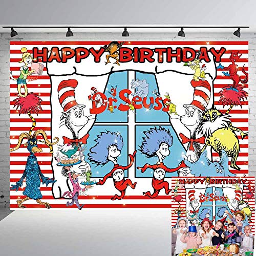 Dr. Seuss Cat Hat Backdrop Photo Background Children Boys or Girl 1st Happy Birthday Photography Dessert Cake Table Decor Supplies Kid Party Banner Studio Booth Props 5x7ft