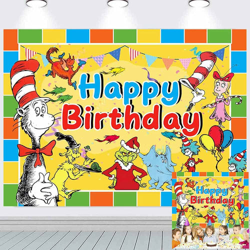 Dr. Seuss Cat Hat Backdrop Background Children Boys or Girl 1st Happy Birthday Photography Dessert Cake Table Decor Supplies Kid Party Banner Studio Booth Props 7X5ft