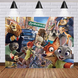 Zootopia Backdrop Cartoon Theme Birthday Banner Party Kids Happy Birthday Baby Shower Photo Background Cake Table Banner Booth Studio Props