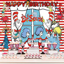 Load image into Gallery viewer, Dr. Seuss Cat Hat Backdrop Photo Background Children Boys or Girl 1st Happy Birthday Photography Dessert Cake Table Decor Supplies Kid Party Banner Studio Booth Props 5x7ft