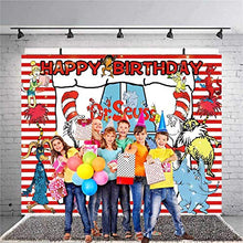 Load image into Gallery viewer, Dr. Seuss Cat Hat Backdrop Photo Background Children Boys or Girl 1st Happy Birthday Photography Dessert Cake Table Decor Supplies Kid Party Banner Studio Booth Props 5x7ft