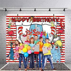 Dr. Seuss Cat Hat Backdrop Photo Background Children Boys or Girl 1st Happy Birthday Photography Dessert Cake Table Decor Supplies Kid Party Banner Studio Booth Props 5x7ft