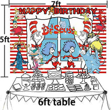 Load image into Gallery viewer, Dr. Seuss Cat Hat Backdrop Photo Background Children Boys or Girl 1st Happy Birthday Photography Dessert Cake Table Decor Supplies Kid Party Banner Studio Booth Props 5x7ft