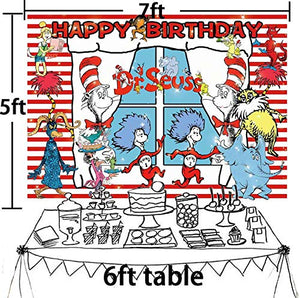 Dr. Seuss Cat Hat Backdrop Photo Background Children Boys or Girl 1st Happy Birthday Photography Dessert Cake Table Decor Supplies Kid Party Banner Studio Booth Props 5x7ft